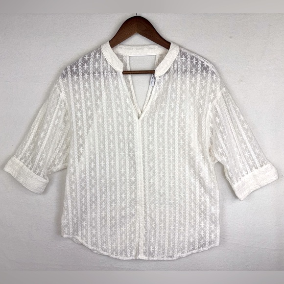 ANTHROPOLOGIE CURRENT AIR Women's White Blouse V‎ Neck Sheer Short Sleeve Medium - Picture 2 of 14